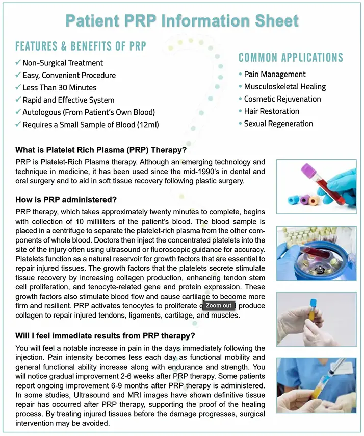 Informational sheet titled Patient PRP Information Sheet with text blocks, bullet points, and medical images on the side.