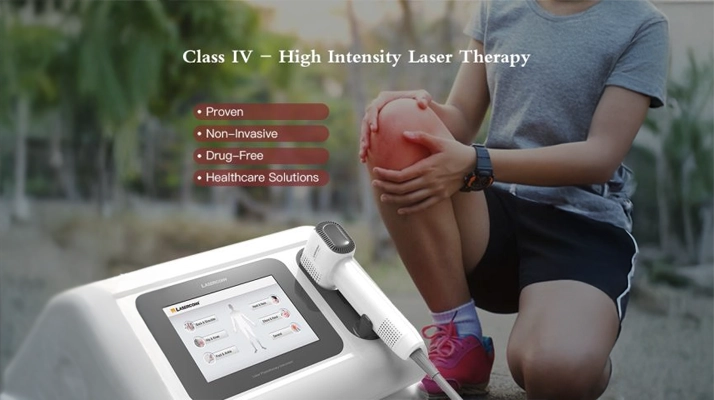 Promotional banner showing a laser therapy device, a person holding a knee, and listed treatment benefits.