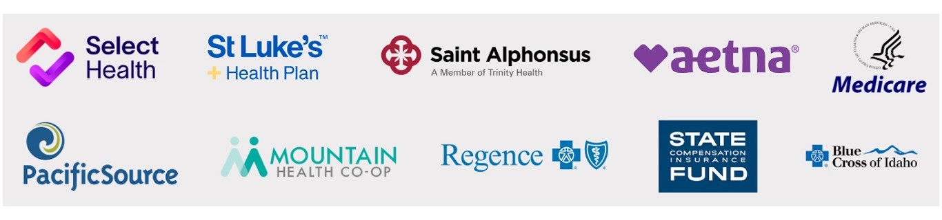 Collection of insurance company logos including Select Health, Aetna, Medicare, PacificSource, Regence, and others.