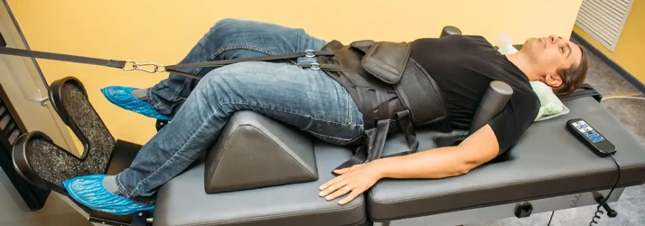 A person lies on a padded table wearing jeans and a belt device attached to a spinal decompression machine.